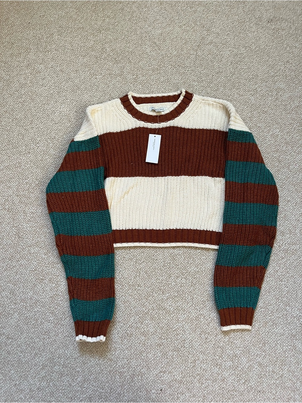 American Eagle Outfitters Striped Cropped Crew Sweater in Cream, Brown & Teal
